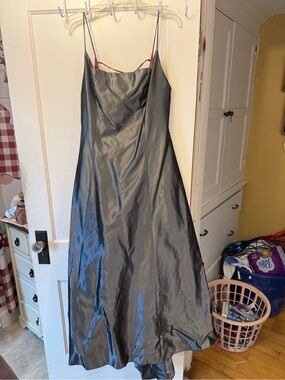 Charcoal Gray Satin Prom Dress with Spaghetti Straps